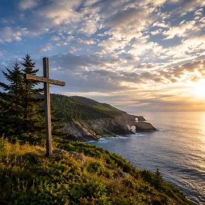 Weathered Cross Above Coast With Dramatic Sky