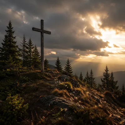 Wooden Cross on Evergreen Hilltop
