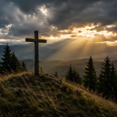 Wooden Cross on Hilltop Under Dramatic Sky
