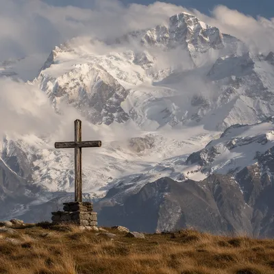 Wooden Cross on Alpine Hilltop