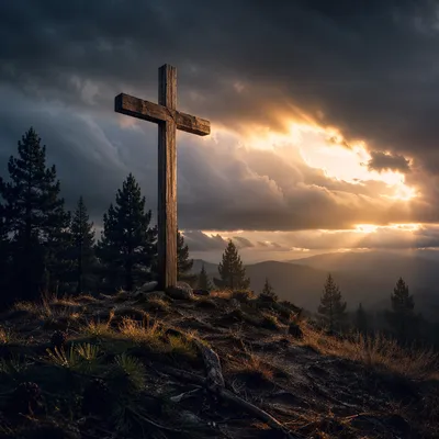 Wooden Cross on Evergreen Hilltop at Sunrise