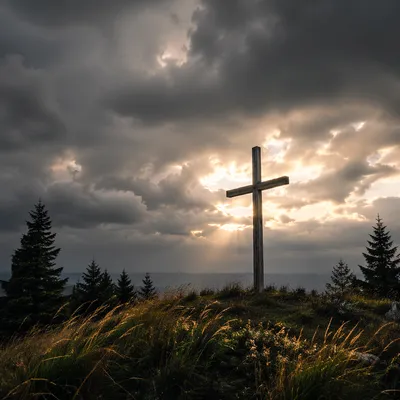 Weathered Cross on Evergreen Hilltop Sky