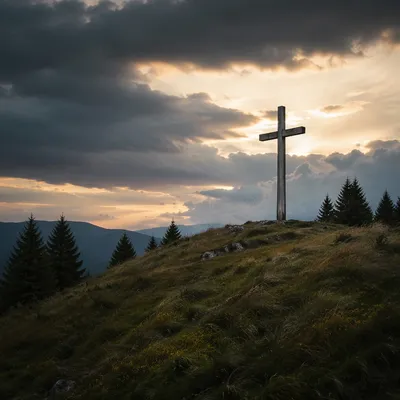 Weathered Wooden Cross Beneath Dramatic Evergreen Sky