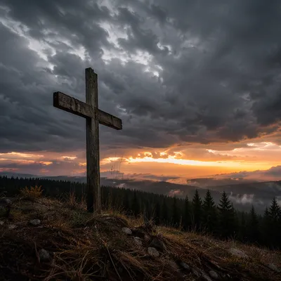 Wooden Cross on Stormy Evergreen Hilltop