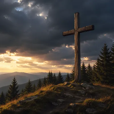 Wooden Cross on Evergreen Hilltop at Sunset