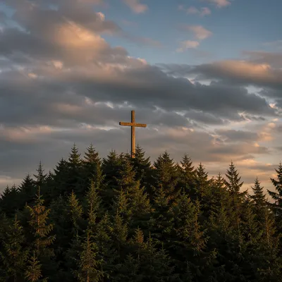 Wooden Cross on Evergreen Hill at Sunset