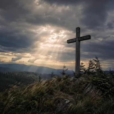 Wooden Cross on Hilltop Under Stormy Sky