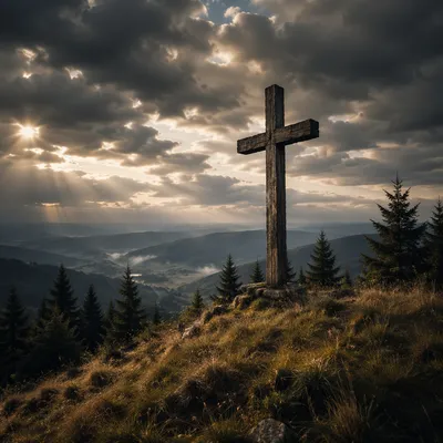 Weathered Wooden Cross Beneath Dramatic Evergreen Sky