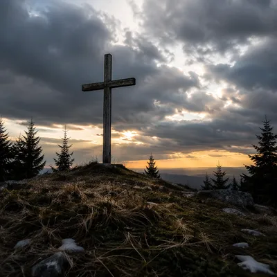 Weathered Wooden Cross Beneath Dramatic Evergreen Sky