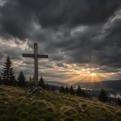 Wooden Cross on Evergreen Hilltop