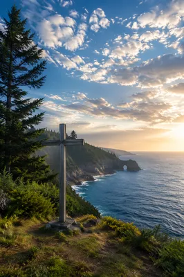 Weathered Wooden Cross on Dramatic Coastal Hill