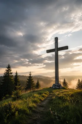 Wooden Cross on Evergreen Hilltop