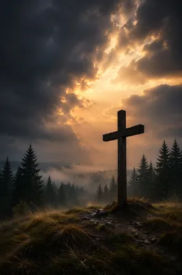 Wooden Cross on Hilltop After Storm