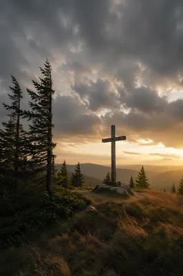 Wooden Cross on Hilltop Under Dramatic Sky
