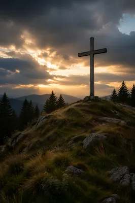 Weathered Cross on Evergreen Hilltop