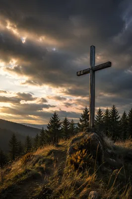 Wooden Cross on Evergreen Hilltop Sky