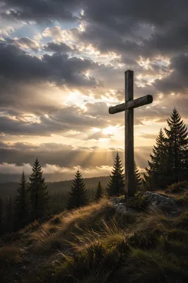 Weathered Hilltop Cross Among Evergreen Pines