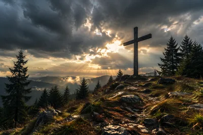 Weathered Wooden Cross Above Evergreen Hilltop