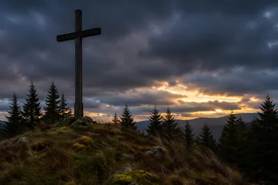 Weathered Cross on Evergreen Hilltop