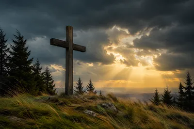 Wooden Cross on Hilltop Beneath Dramatic Sky