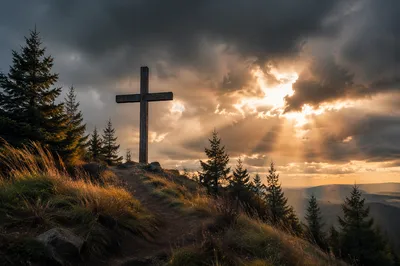 Weathered Cross on Evergreen Hilltop