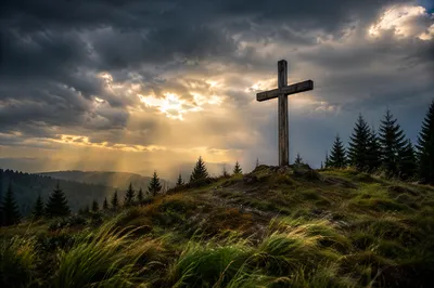 Weathered Wooden Cross Beneath Dramatic Sky
