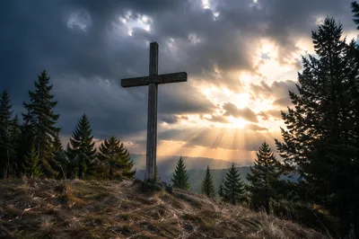 Wooden Cross on Evergreen Hilltop at Sunset