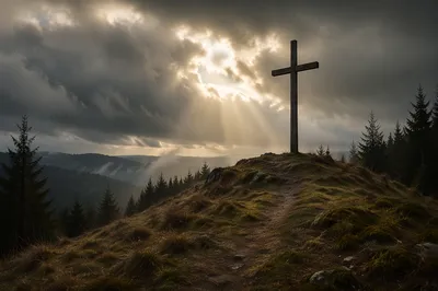 Weathered Wooden Cross Beneath Dramatic Evergreen Sky