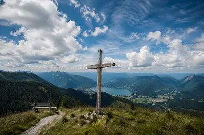 Wooden Cross on Alpine Hilltop