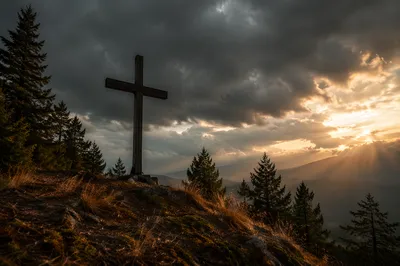 Weathered Wooden Cross Beneath Dramatic Sky