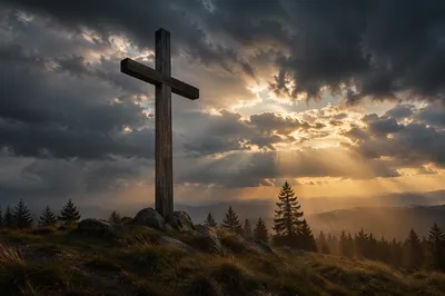 Weathered Cross on Evergreen Hilltop