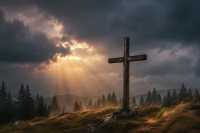 Wooden Cross on Hilltop After Storm