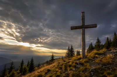 Wooden Cross on Evergreen Hilltop