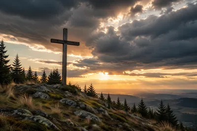Wooden Cross on Evergreen Hilltop Sky