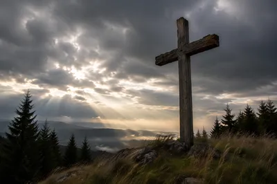 Weathered Wooden Cross Beneath Dramatic Evergreen Sky