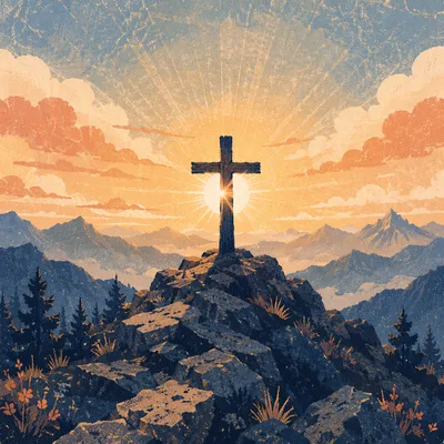 Wooden Cross Silhouette at Mountain Sunrise