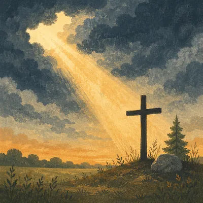 Wooden Cross Sunrise in Stormy Field