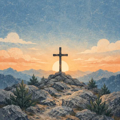 Wooden Cross Silhouette at Mountain Sunrise