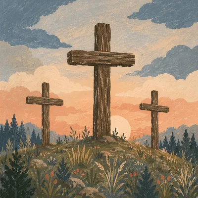 Three Wooden Crosses at Evergreen Sunrise