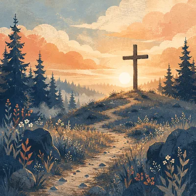 Wooden Cross Silhouette at Evergreen Sunrise