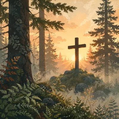 Wooden Cross Silhouette at Evergreen Sunrise