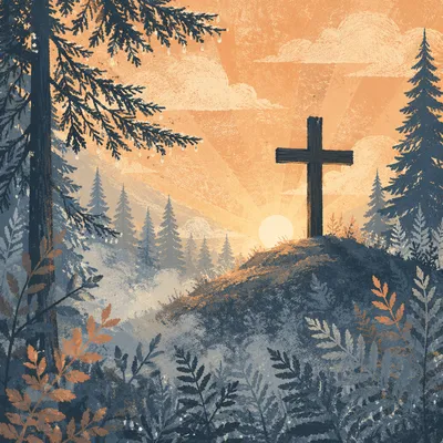 Wooden Cross at Evergreen Sunrise