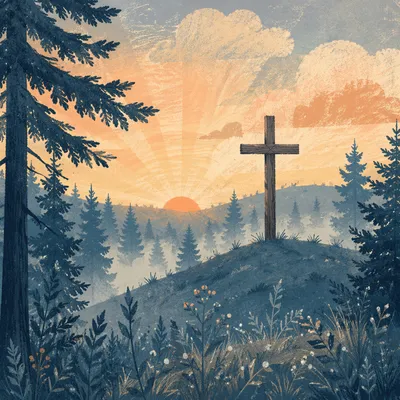 Wooden Cross Sunrise Among Evergreen Pines