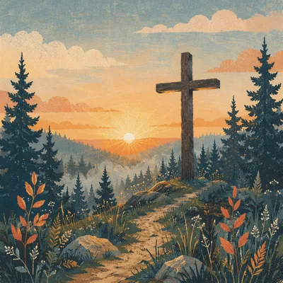 Wooden Cross at Evergreen Sunrise