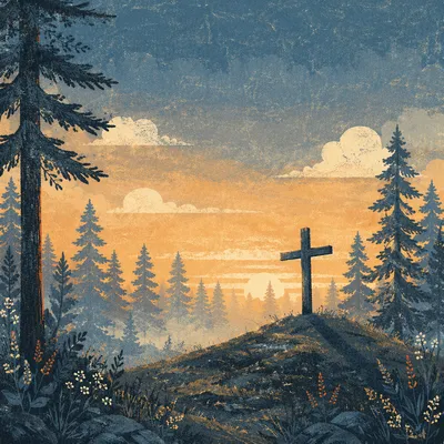 Wooden Cross Sunrise in Evergreen Forest