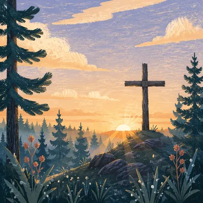 Wooden Cross at Evergreen Sunrise