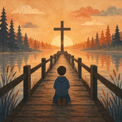 Wooden Cross Silhouette at Misty Sunrise