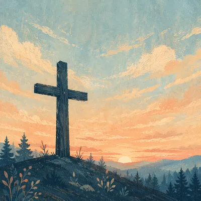 Wooden Cross Silhouette on Evergreen Sunrise Hill