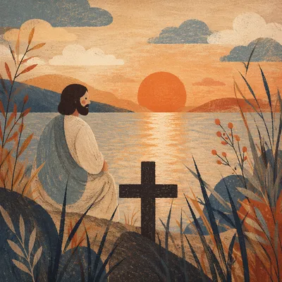 Rustic Wooden Cross at Lakeside Sunrise