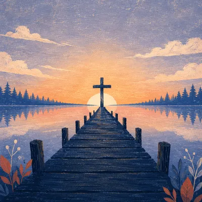 Wooden Cross Sunrise Over Calm Lake